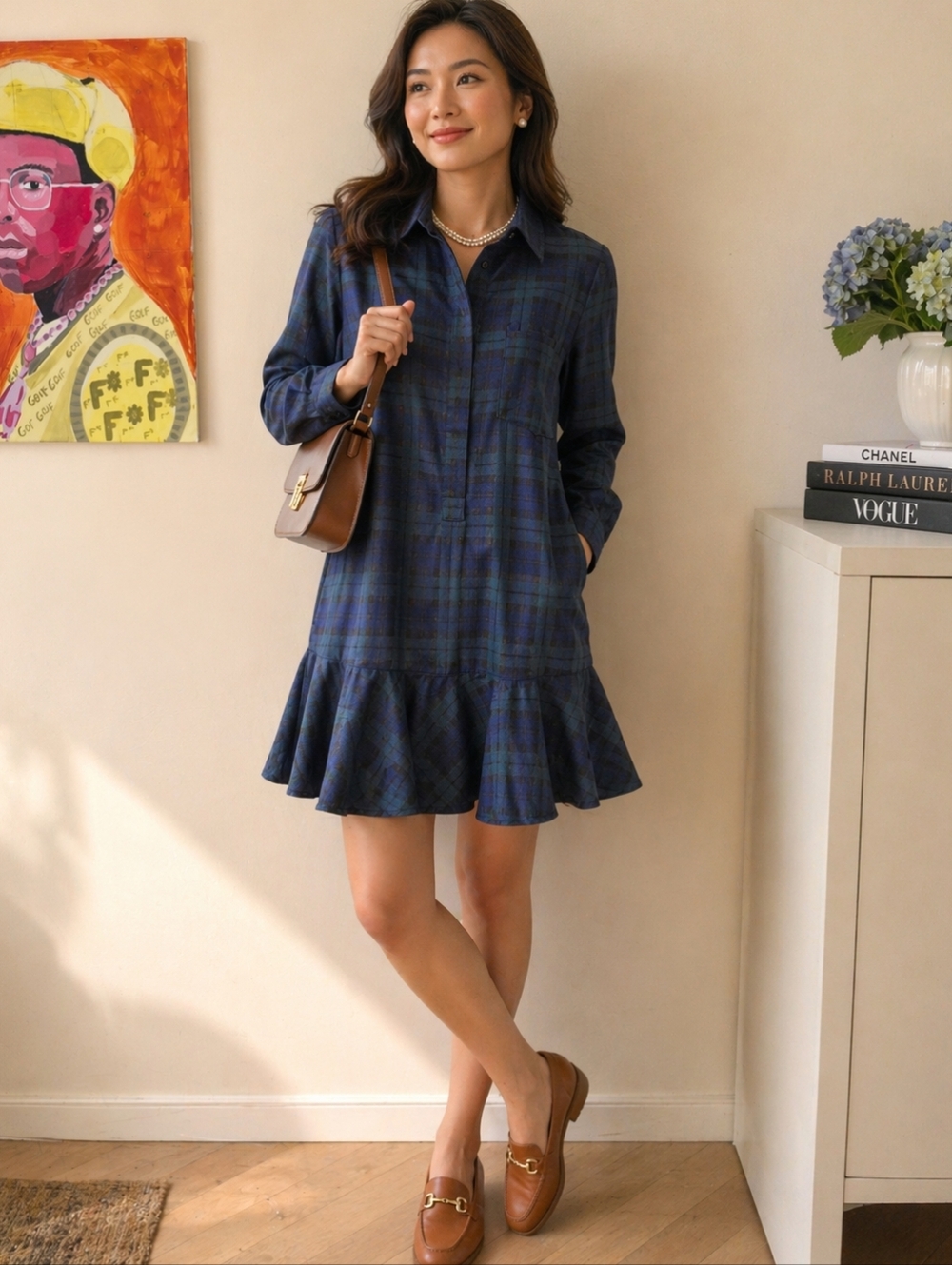 Tuckernuck Preppy Plaid Short Ruffle Long Sleeve Dress S